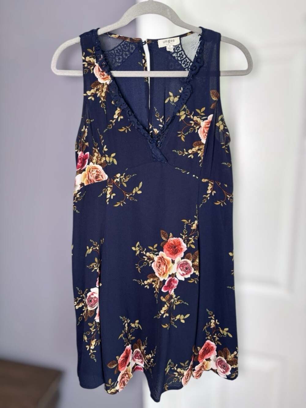 Umgee Navy Blue Pink Floral Lace Trim V Neck Dress Small